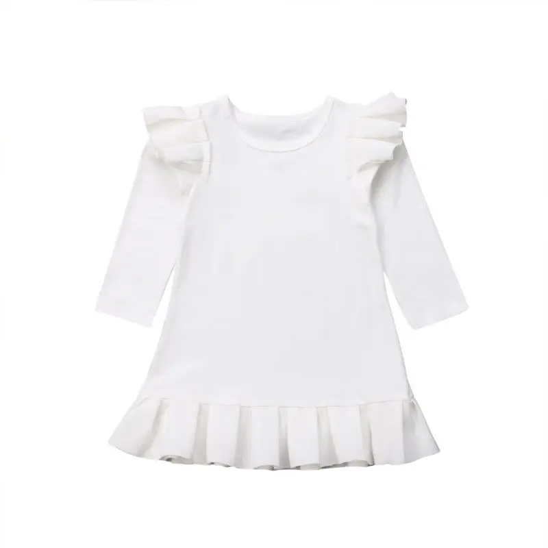 PUDCOCO Fashion Girl Princess Fly Sleeve Dress Kid Baby Party Wedding Pageant Long Sleeve Autumn cotton Dresses Clothes 1-6T - Color: White