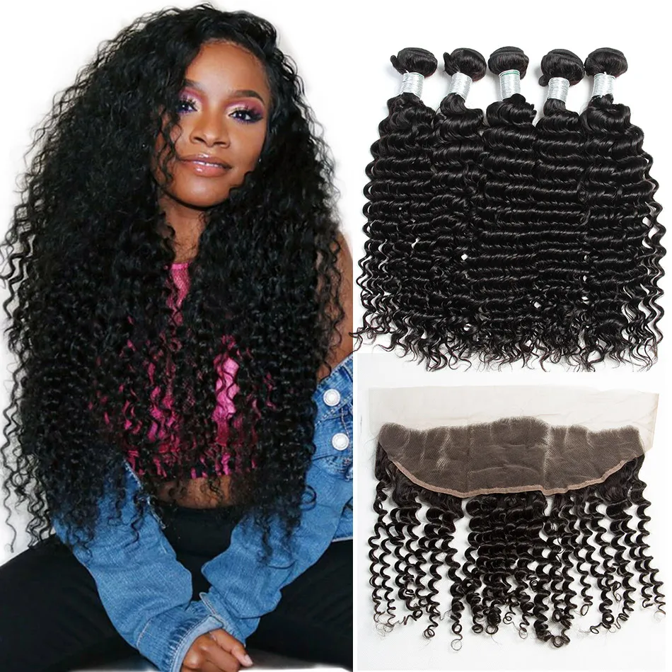 ALIBELE Malaysian Deep Curly Bundles With Frontal Closure Virgin Human