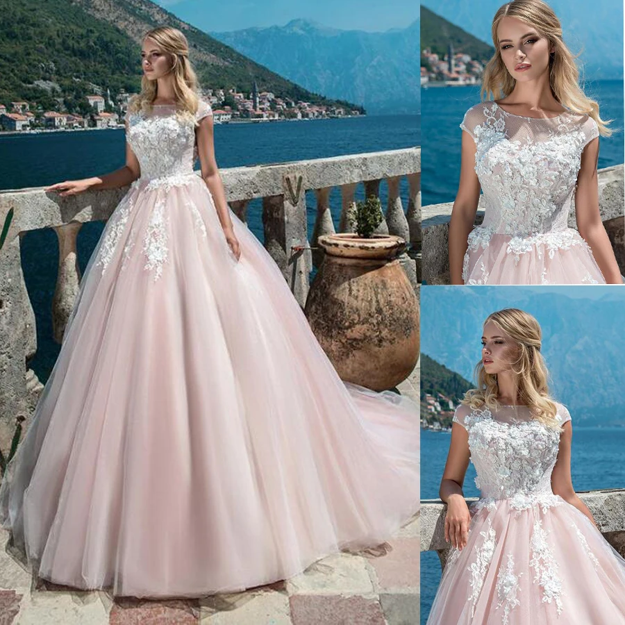 

Scoop Lace Neckline Applique A-line Wedding Dress with 3D-flowers Backless Court Train Pink Bridal Dress vestido de novia