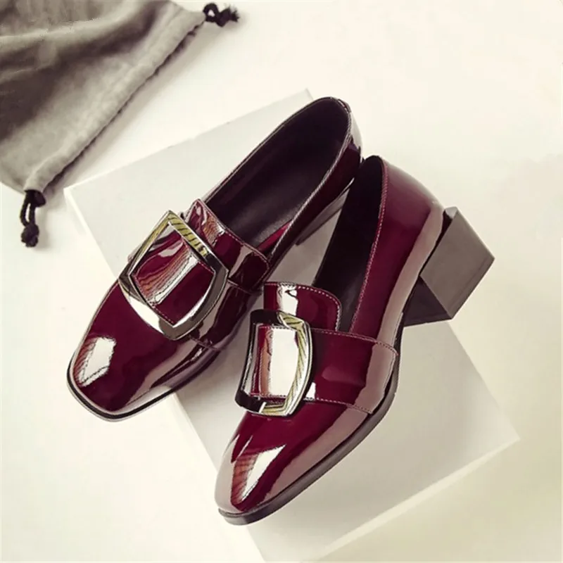 Plus Size 34-43 Genuine Leather Square heel Women Shoes Metal Decoration Square Toe Cow Patent Leather Square heel Casual Shoes