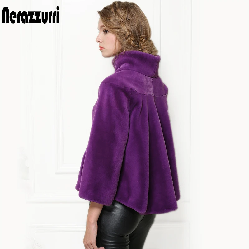 

Nerazzurri Wave Cut Faux Fur Coat Women Winter Stand Collar Short Red Purple Black Blue Colored Fluffy Luxury Fake Fur Jacket
