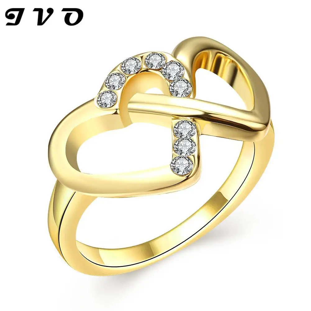 Download Wholesale New Jewelry Gold color Unique Korean Design Rhinestone Double Hearts Finger Ring High ...