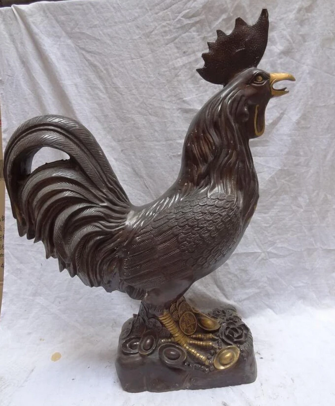

song voge gem S5520 27" Folk Chinese Bronze Animals Wealth YuanBao Coin Big Cock Rooster Statue