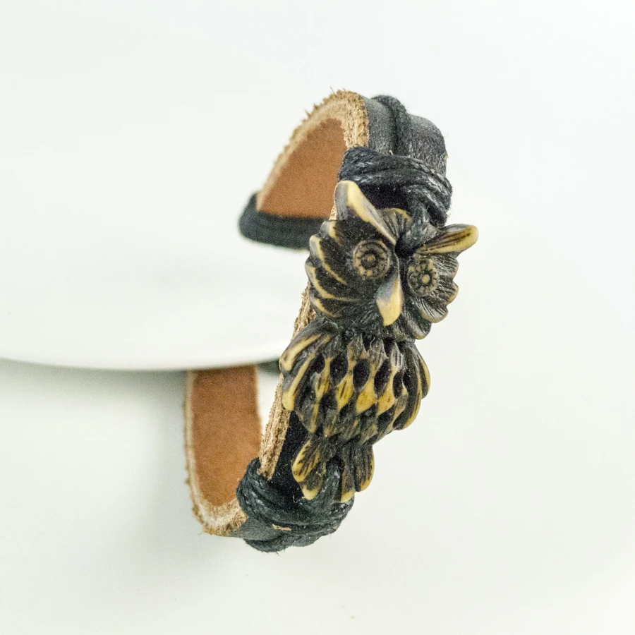 Сова мужской кожаный браслет ограничение материал из кости яка кости искусство винтажные браслеты для мужчин# GZ420