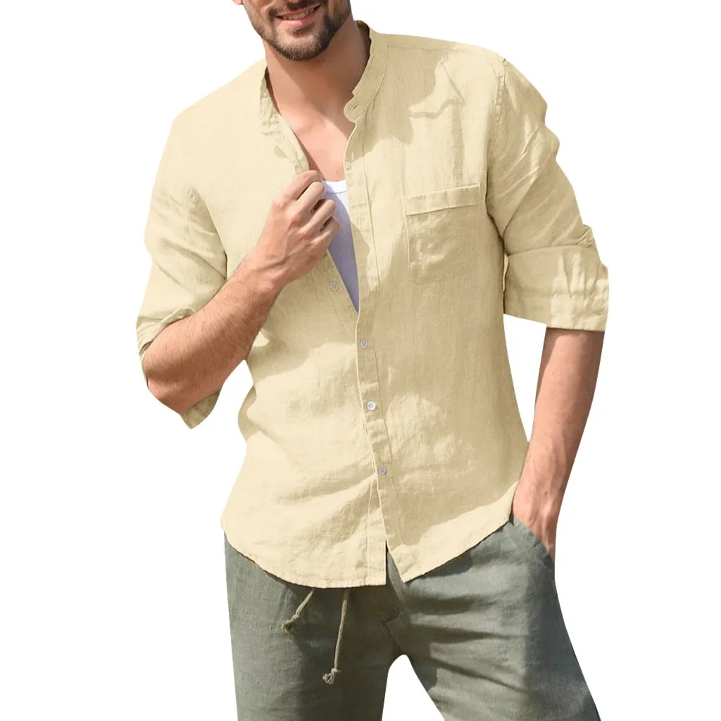 

JAYCOSIN 2019 New Summer Men Shirt Baggy Cotton Linen Solid Long Sleeve Button Pocket Stand Collar Tops Tops camisas hombre 9624