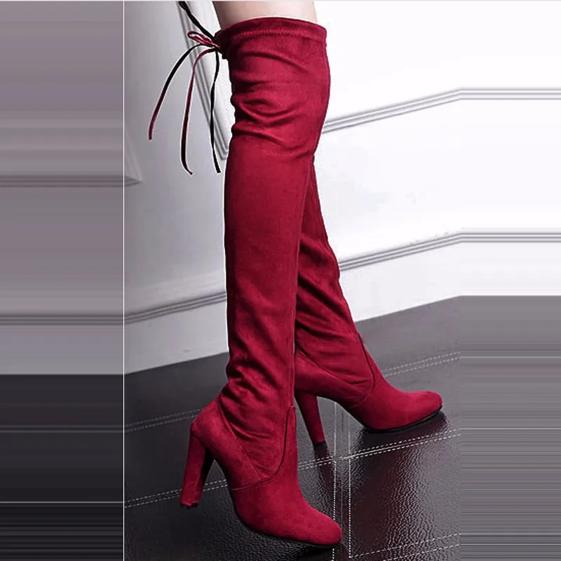 Модные, пикантные женские ботинки замшевые зимние сапоги ботфорты выше колена на шнуровке; сапоги до бедра сапоги до колена Botas Женские снегоступы