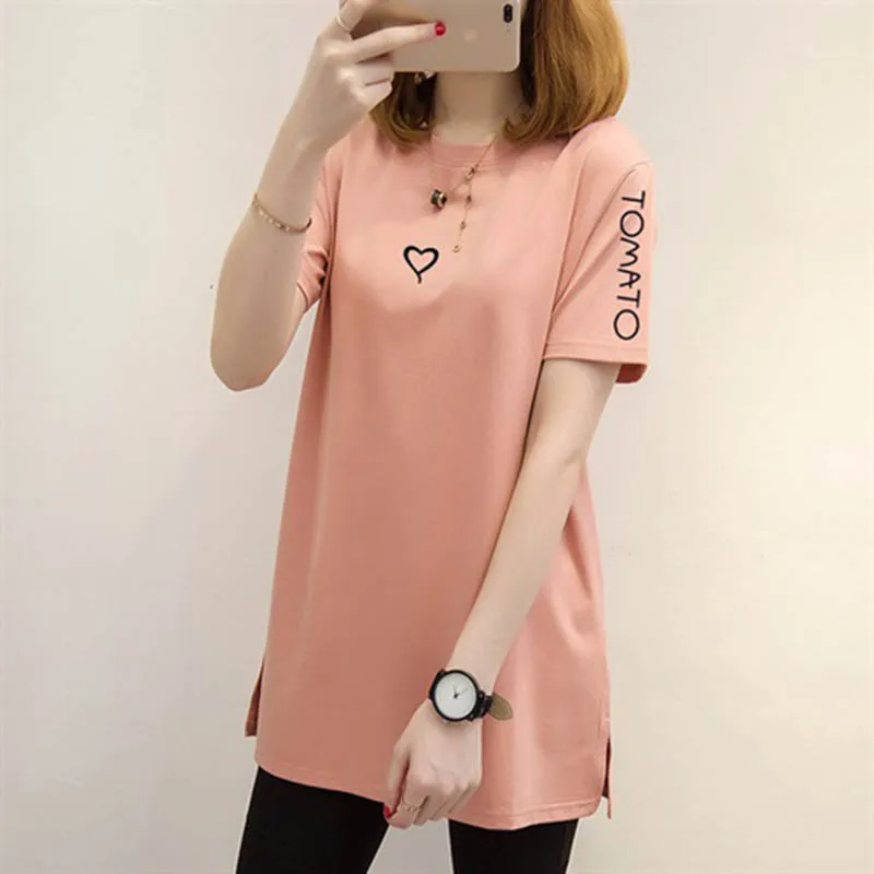 

2019 New Fashion Cotton T-shirt Women Solid Color Love Loose Short-sleeved Shirts Casual Female Medium Long Section T-shirt W112
