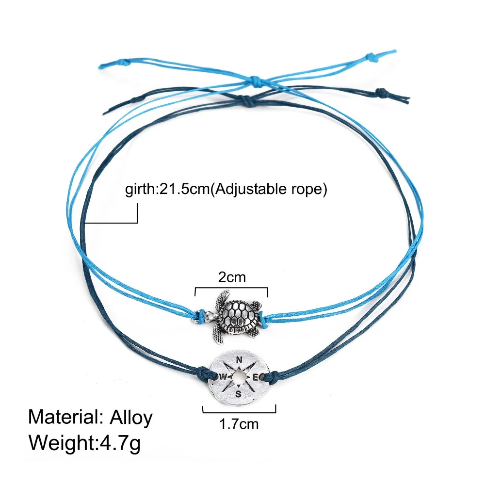 2 шт./компл. пляжная голубая веревка черепаха наручный компас набор для мужчин женщин Серебряный Регулируемый Набор браслетов для ног Браслет вечерние ноги бижутерия для ног