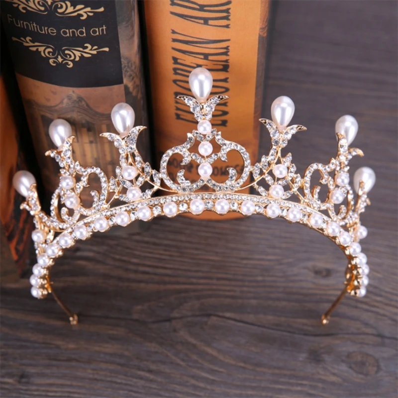 2018 Hot Sale Bride Crown Gold Wedding font b Tiara b font Pearl font b Hair