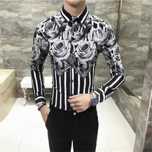 Индивидуальность Роза полосатая рубашка с лацканами, мужская с длинным рукавом Тонкий Модный ночной клуб волос стилист Персонализированные Цветочные Повседневная рубашка