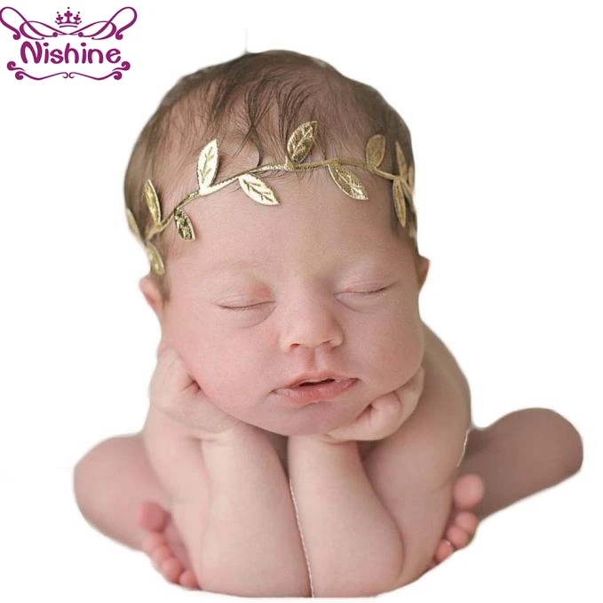 

Nishine 2018 Newborn Photography Props Gold Silver Leaves Baby Girls Headband Elastic Kids Children Hair Head Band