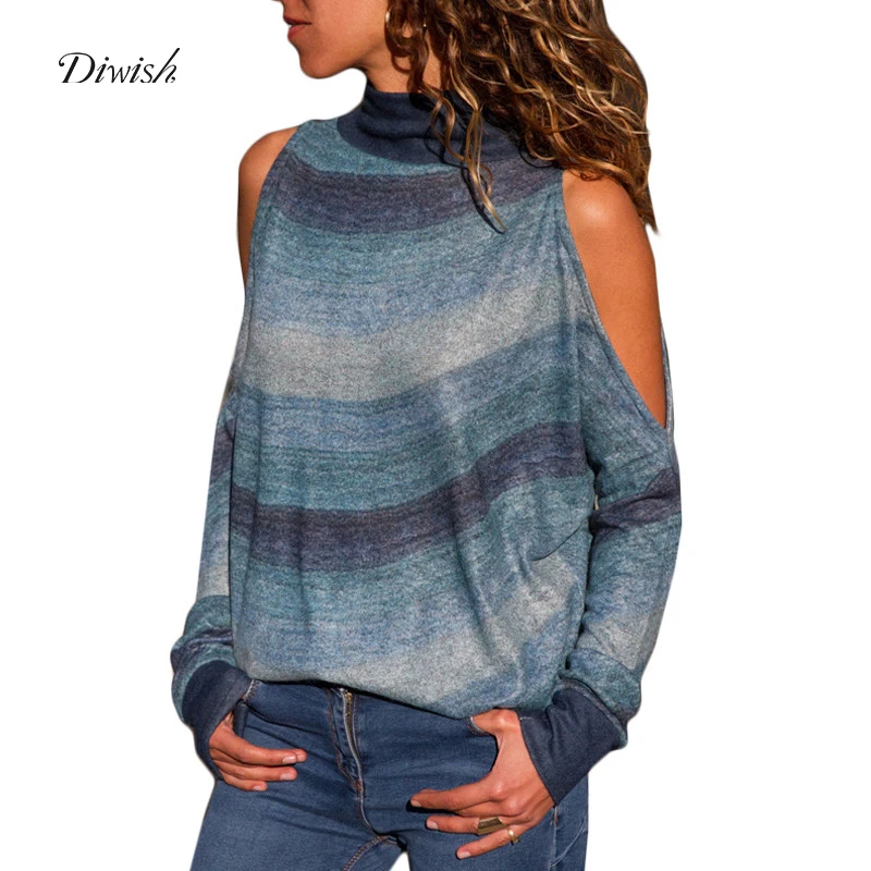 

Diwish Women's T-shirt Autumn Tops Strapless Long Sleeve T-shirt Casual Tops Elegant Loose Turtlennck Geometric Prints 2019