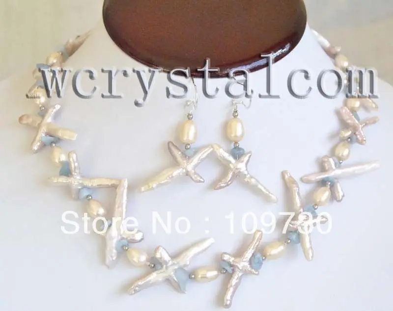 

Jewelry 00448 2Genuine pink purple cross freshwater pearl Aquamarine chip necklace earrings set (0430)