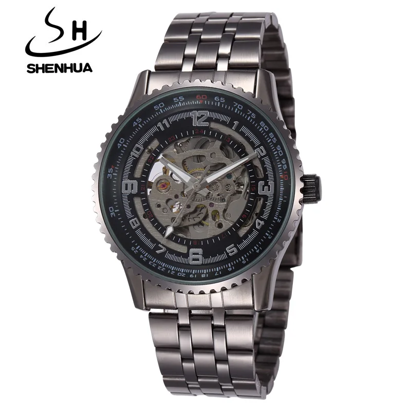 

New Black Men's Skeleton WristWatch Brand Shenhua Antique Steampunk Casual Automatic Skeleton Mechanical Watches Male