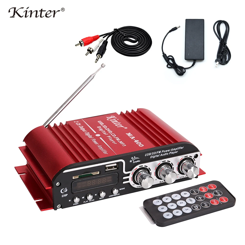 

Kinter MA-400 Hi-fi stereo amplifier audio 2CH 25W with UBS SD MP3 Input and FM radio supply DC12V 5A power adapter audio cable