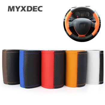 

Sport Styling Genuine Leather Car Steering Wheel Cover 38cm Diameter Braid DIY Handmade with Needles and Thread For 4 Seasons