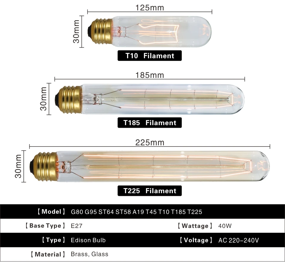 Ретро Edison led светильник лампочка E27 220 В 40 Вт A19 A60 T10 T45 T185 ST64 G80 G95 нити Винтаж ампулы лампа накаливания Эдисона лампа