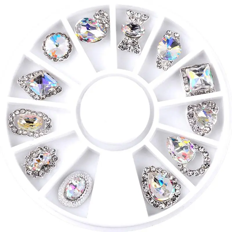 

Beautiful 12 Shapes White AB Arc Bottom Big Acrylic Diamond Alloy Nail Art Rhinestones Gems Makeup DIY Wheel