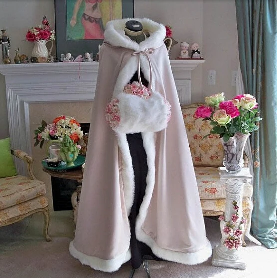 Bridal Winter Wedding Cloak Cape Hooded with Fur Trim Long Flower Girl Cloak