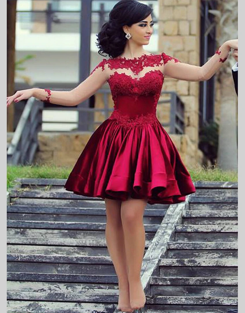 Sexy Long Sleeve Short Dark Red Lace Cocktail Dresses Satin ...