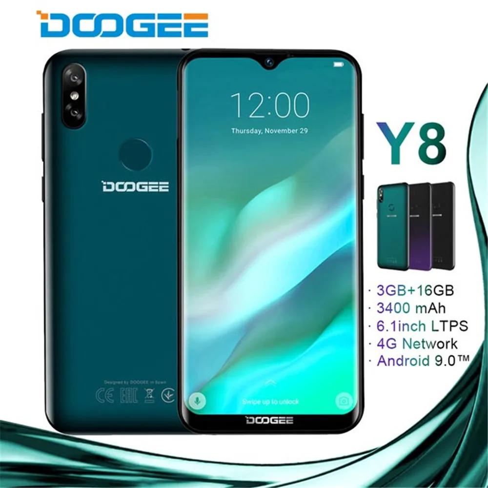 

DOOGEE Y8 android 9.0 Smartphone 6.1" 19:9 Waterdrop Screen MTK6739 Quad Core 3400mAh 3GB 32GB face ID 8.0M 4G LTE Mobile phones