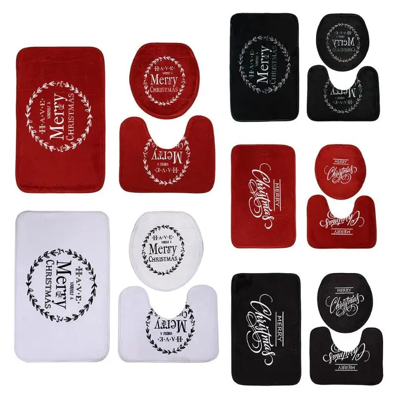 

3pcs Bath Mats Merry Christmas Anti Slip Square U Shape Mat Washable Bathroom Floor Rugs Accessories E5M1
