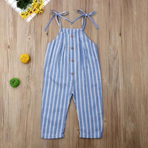 

Baby Girl Clothes Striped Sleeveless Romper Blue Off Shoulder Jumpsuit Fashion Button Sling Bowknot Playsuit Outfits Clothe 1-5Y
