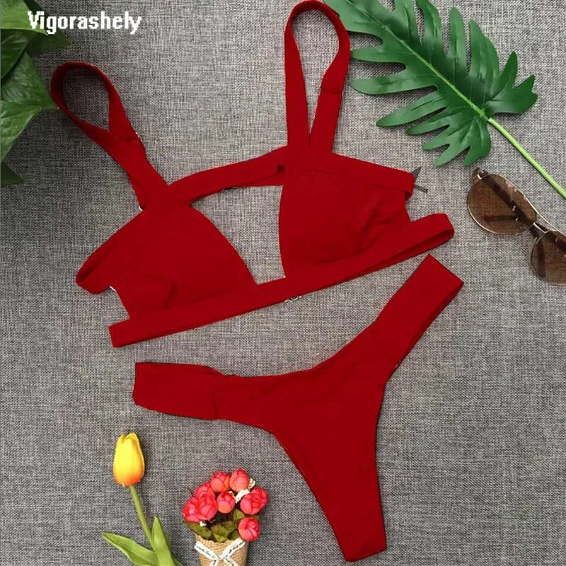 

Vigorashely 2018 Sexy Red Bikini String Swimsuit Push UP Swimwear Women High Cut Brazilian Bikini Bathing Suit Swim Wear Biquini