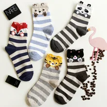 Хлопковые женские носки, милые животные из мультфильмов лиса медведь кошка Happy Scoks, брендовые полосатые Забавные милые вечерние носки для весны и лета