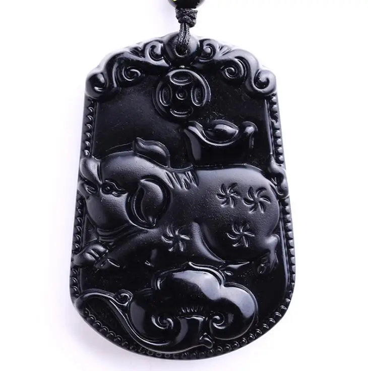 

Natural Black Carved Chinese pig Obsidian amulet necklace pendants fine for women and men