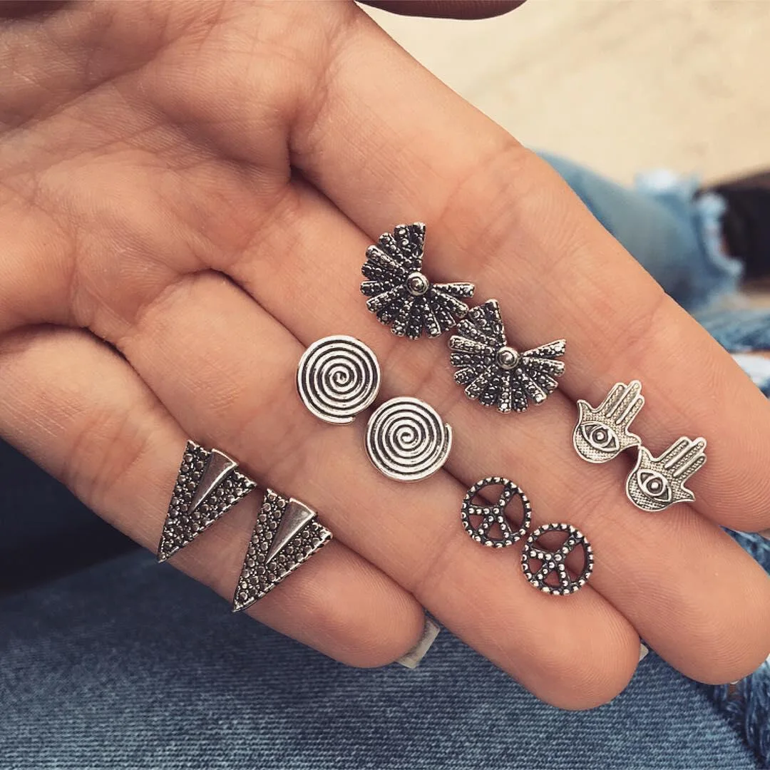 

Vintage 5 Pairs/lot Mixed Stud Earring Set for Women Retro Hamsa Hand Evil Eye Peace Ear Studs Dropshipping Brincos Jewellery