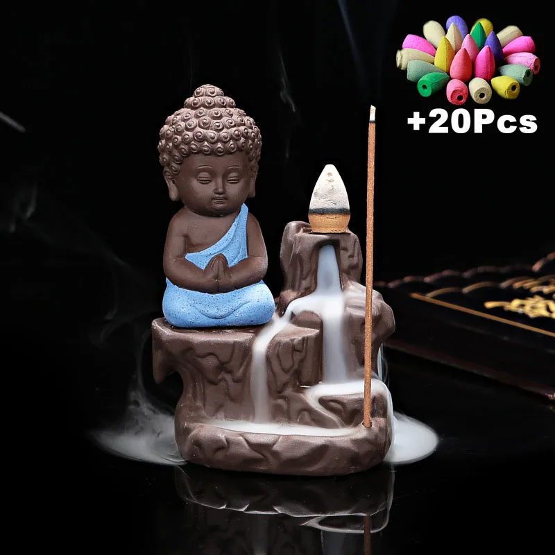

With 20Cones The Little Monk Censer Creative Home Decor Small Buddha Backflow Incense Burner Use In Home Office Teahouse
