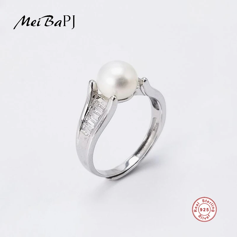 

[MeiBaPJ]Design Personality Zircon Ring Natural Freshwater Pearl Jewelry 925 Sterling Silver Adjustable Ring for Women