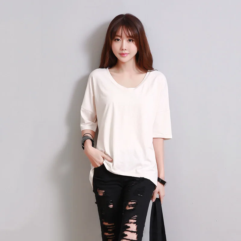 

Spring and summer ladies new V-neck cotton short-sleeved Korean cotton loose wild solid color T-shirt