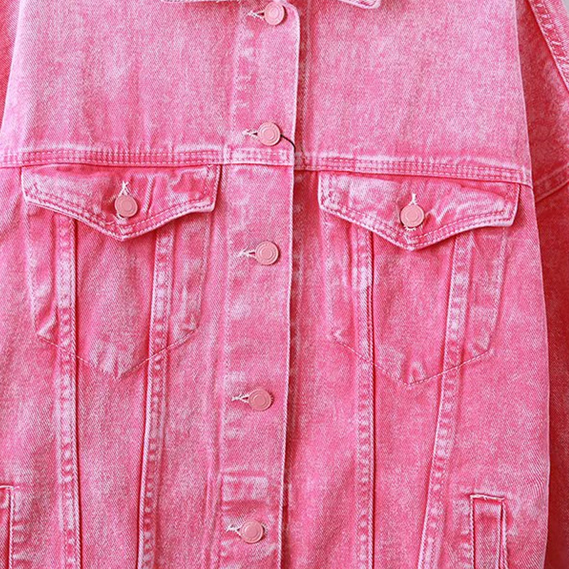 Новая джинсовая куртка Женская Повседневная BF стильная Свободная джинсовая куртка с карманами и длинным рукавом модная розовая однобортная Женская куртка