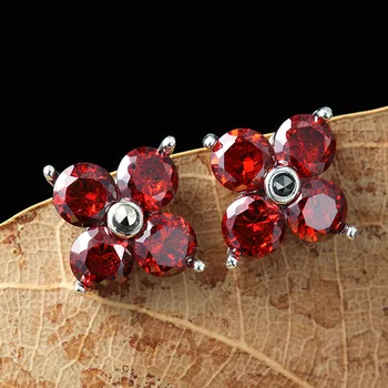

famous brand authentic 925 Sterling Silver Natural semi-precious stone Garnet flowers stud Earrings red corundum girlfriend gift