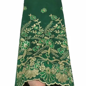 

Hot sale African george lace fabric with Green Gold Line sequins top quality French lace fabric for Royal blue wedding dress