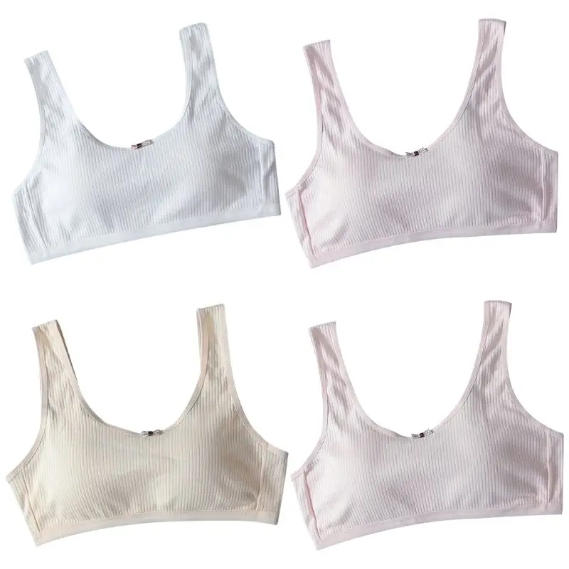 

Teenage Girl Wide Strap Training Bra Underwear Solid Color Letters Bowknot Thread Ribbed Bralette Removable Padded Adjusted Vest