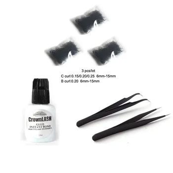 3 Items Professional Eyelash Extension Kit 10ml/bottle Eyelash Crown Glue Black +Eyelash Tools Tweezers + 3 packs Eyelashes