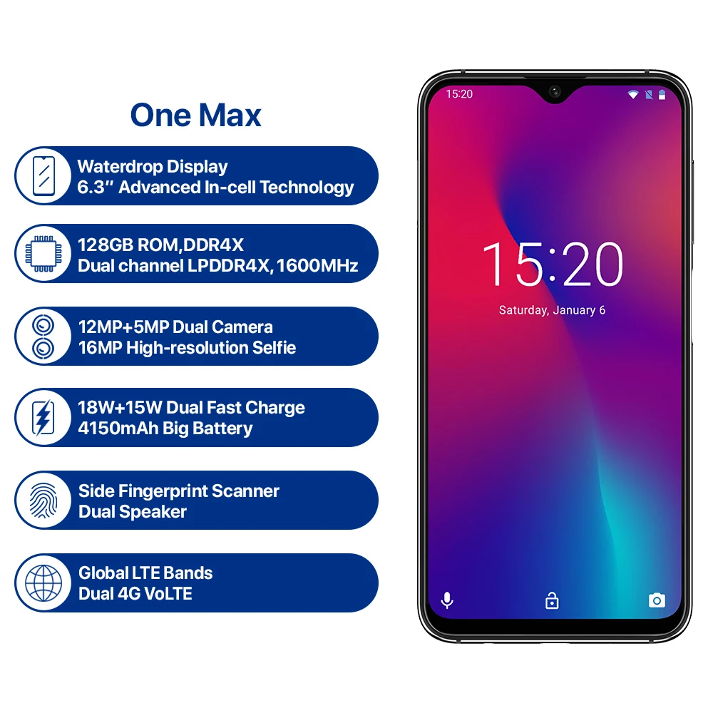 UMIDIGI One Max, глобальная версия, 4 Гб, 128 ГБ, 6,3 дюйма, полноэкранный, 4150 мАч, двойная камера, смартфон, NFC, Беспроводная зарядка, распознавание лица