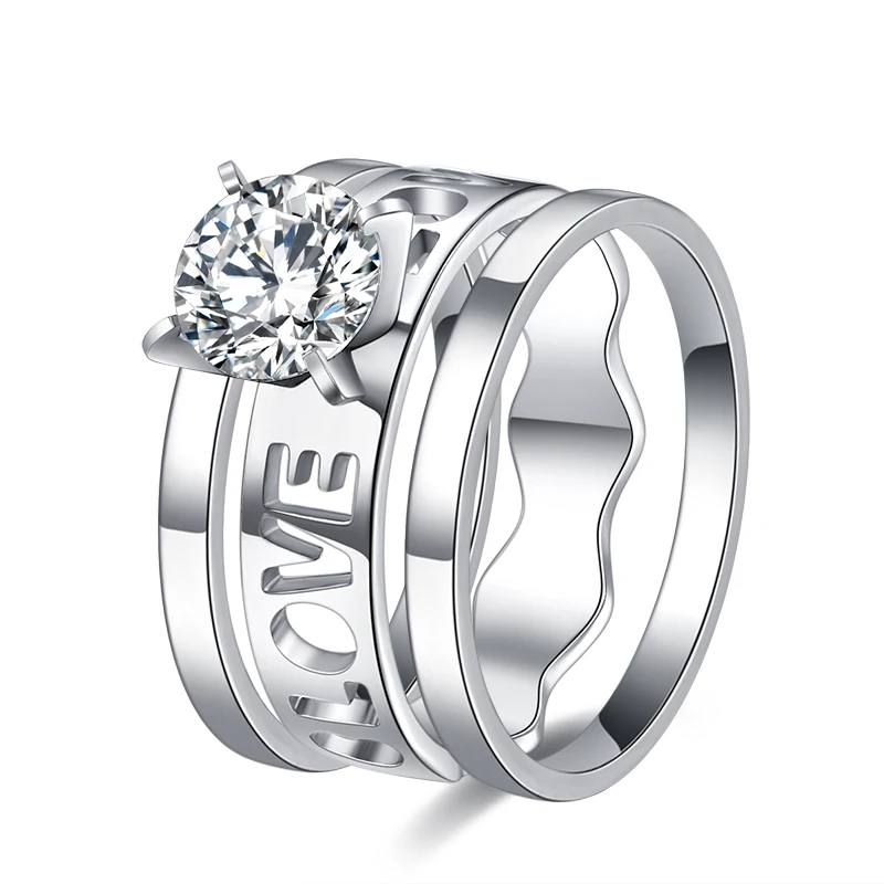 CACANA Stainless Steel Rings Large CZ Zircon filled Real Love Couple Wedding Rings Engagement pair Rings for men women