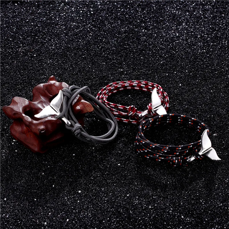MKENDN New Whale Tail Anchor Bracelets Men Women Charm Nautical Survival Rope Chain Paracord Bracelet Male Wrap Metal Hooks