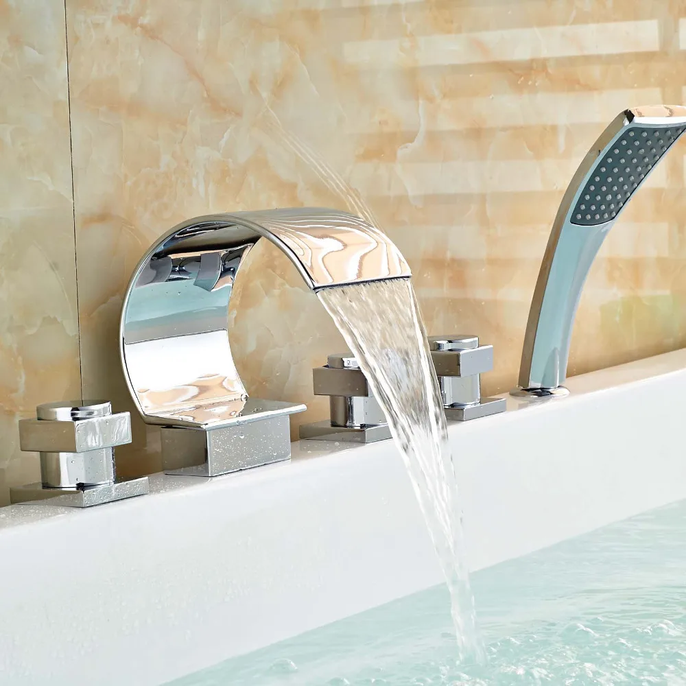 Waterfall Spout 5pcs Bathtub Faucet Deck Mount Tub Shower Mixer Tap