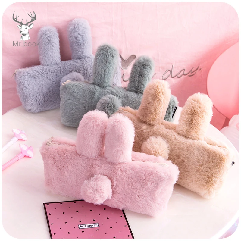 

Cute Rabbit Ear Plush Large Capacity Pencil Case School Student Stationery Pencil Bag Portable Pen Brushes Pouch Gift Supplies