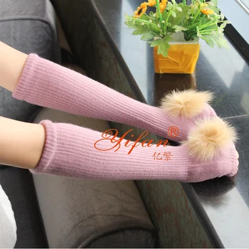 

Autumn and winter women's fashion yarn knitted sexy fingerless gloves lady's semi-finger genuine rabbit fur ball long glove