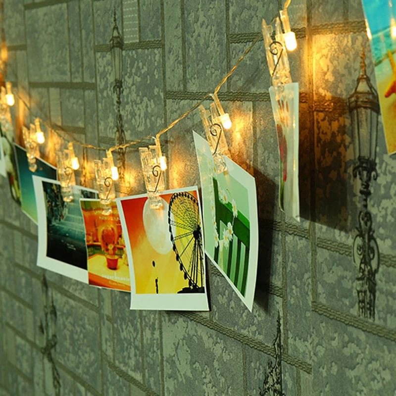 Venta caliente 10 20 LED Clip LED cadena Luces de plástico alambre 220 cm PVC cortina dormitorio foto pared Luces decoración Hada lámpara colgante