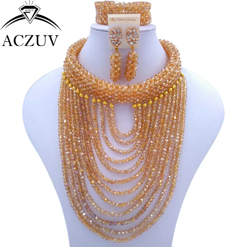 ACZUV Brand Gold AB African Jewelry Set Nigerian Wedding Beads ART006