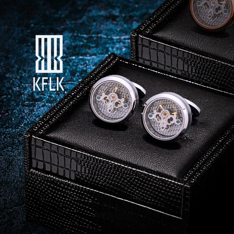 

KFLK Shirts Silver Cufflinks for Mens Brand Tourbillon Movement Mechanical Cuff links Buttons High Quality male Free Shipping