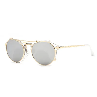 Новая мода ретро двойной флип стимпанк Солнцезащитные очки для женщин клип на солнцезащитные очки винтажные круглые унисекс солнцезащитные очки для мужчин - Цвет линз: silver gold