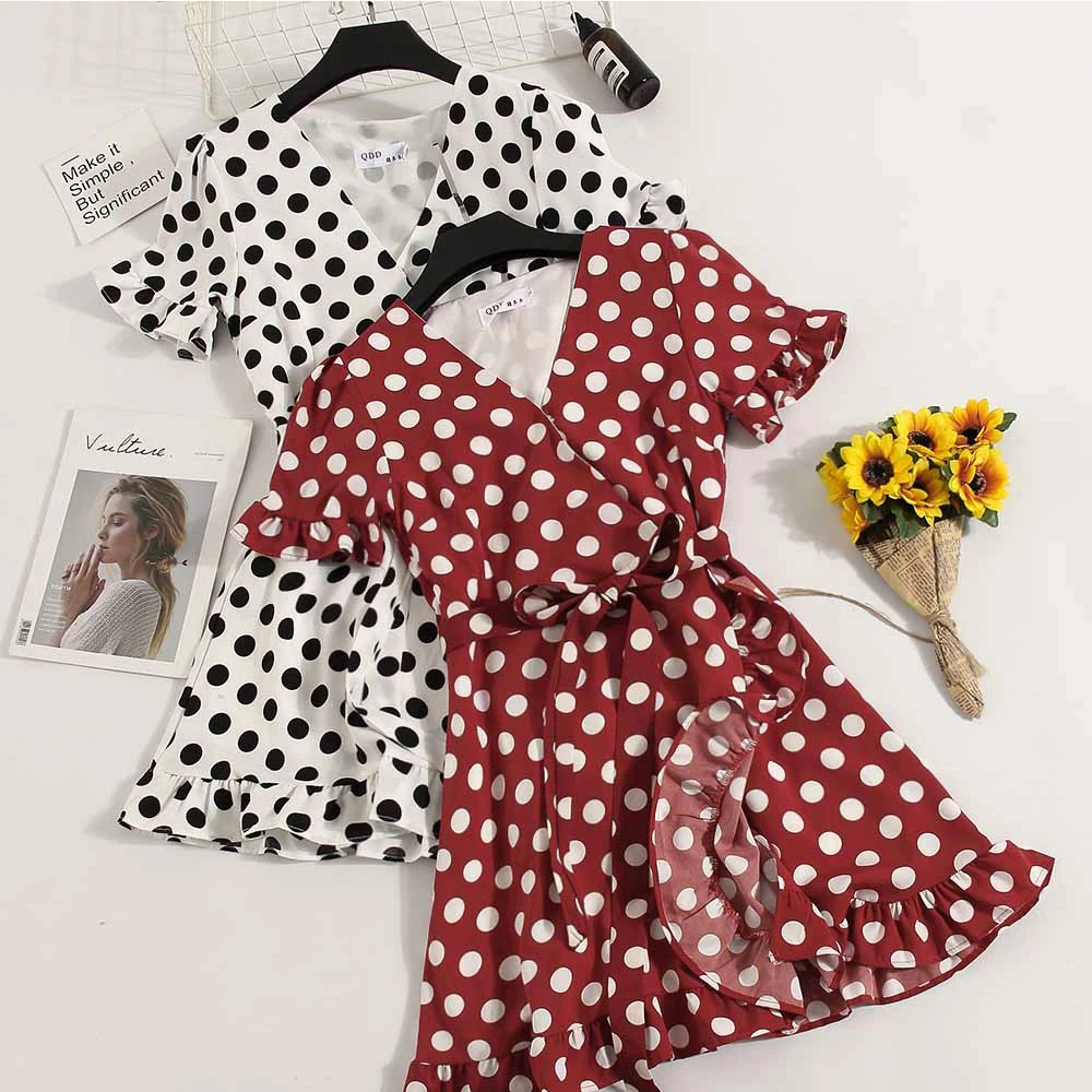 

New Vintage Summer Ladies Casual Chiffon A-line Dot Half Flare Sleeves Drawstring Bowknot Dress Women Leisure Ruffles Dress